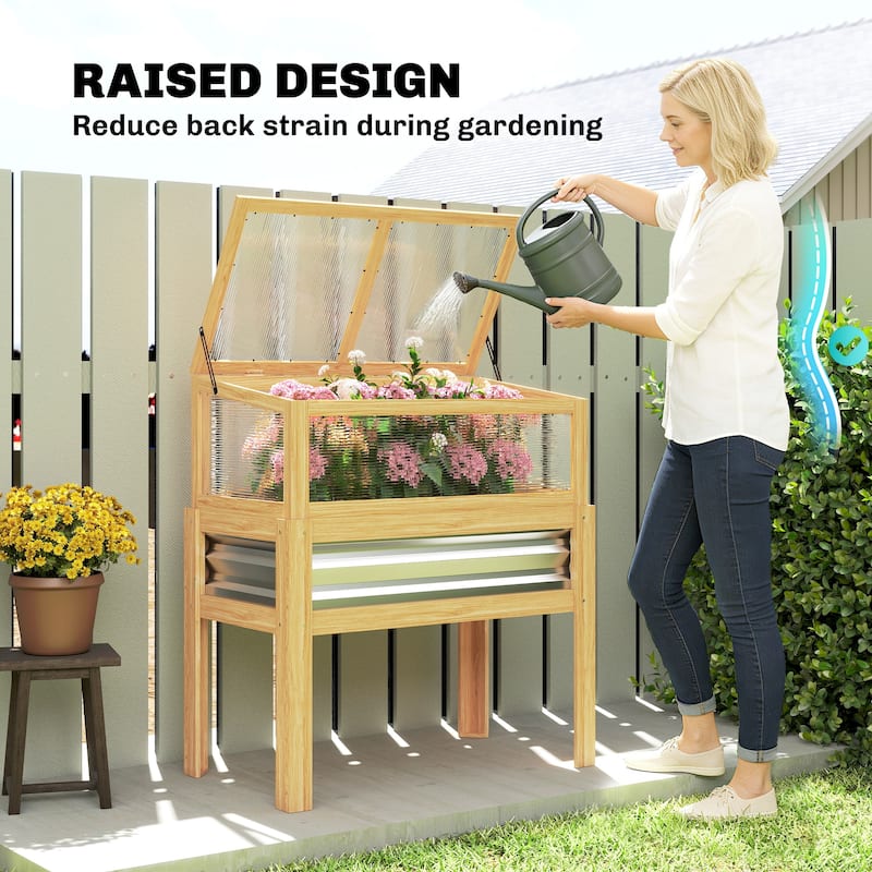 Outsunny Wooden Raised Garden Bed with Flip-Up Greenhouse Top, Raised Garden Bed with Legs and Bed Liner