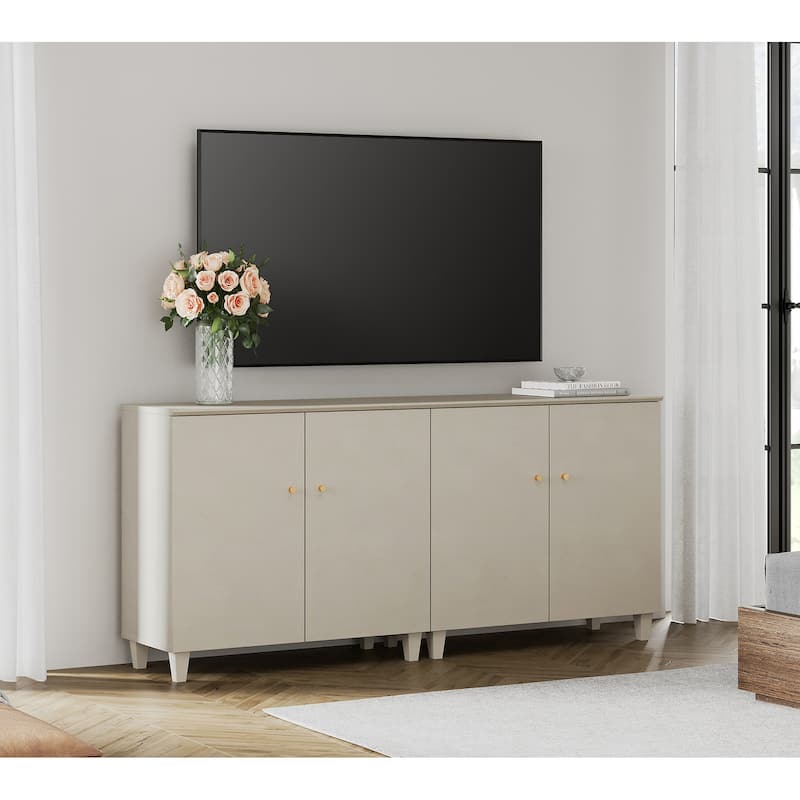 WAMPAT Modern TV Stand, Tall Entertainment Center with Doors - 70.8 Inches in Width - Beige Grey Faux Linen