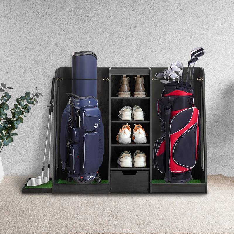 Wooden Golf Bag Organizer and Storage Rack - Holds 2 Golf Bags, 12 Clubs, 4-5 Pairs of Golf Shoes, 50+ Golf Balls