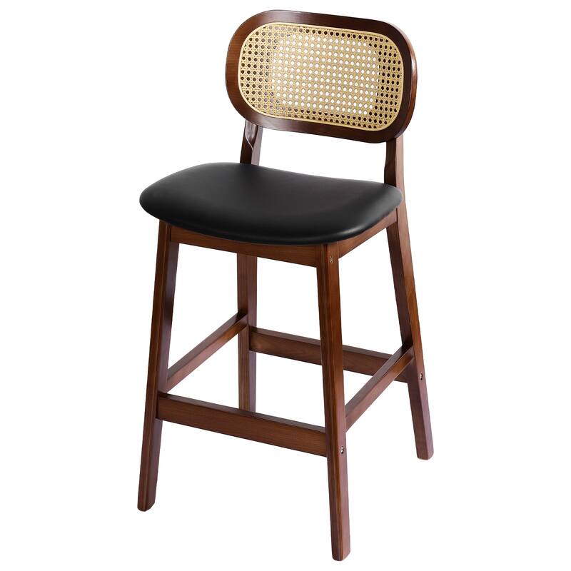 Wood Upholstered Counter Height Bar Stools with Rattan Back - 36.81"H x 17.72"W x 18.7"D