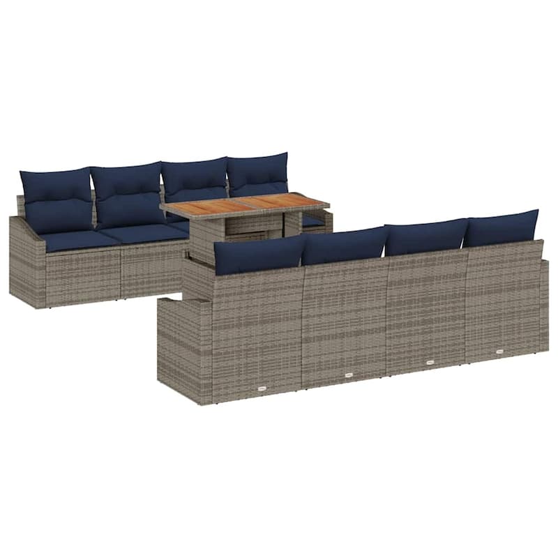 vidaXL 9 Garden Sofa Set with Cushions Black/Grey Poly Rattan - 91.7 x 24.4 x 27.2