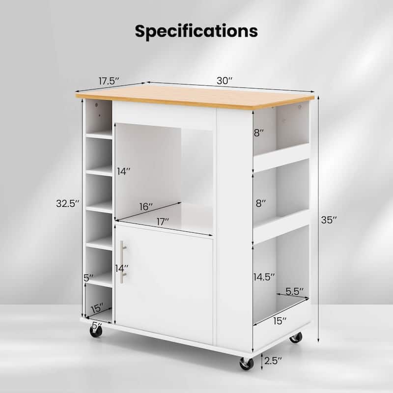 Kitchen Cart on Wheels with Bamboo Top and 6-Bottle Wine Rack-White - 30" x 17.5" x 35"