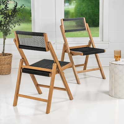 Kiawah Coastal Modern Wood Roped Folding Chair with Adjustable Back, Black/Natural (Set of 2) by JONATHAN Y
