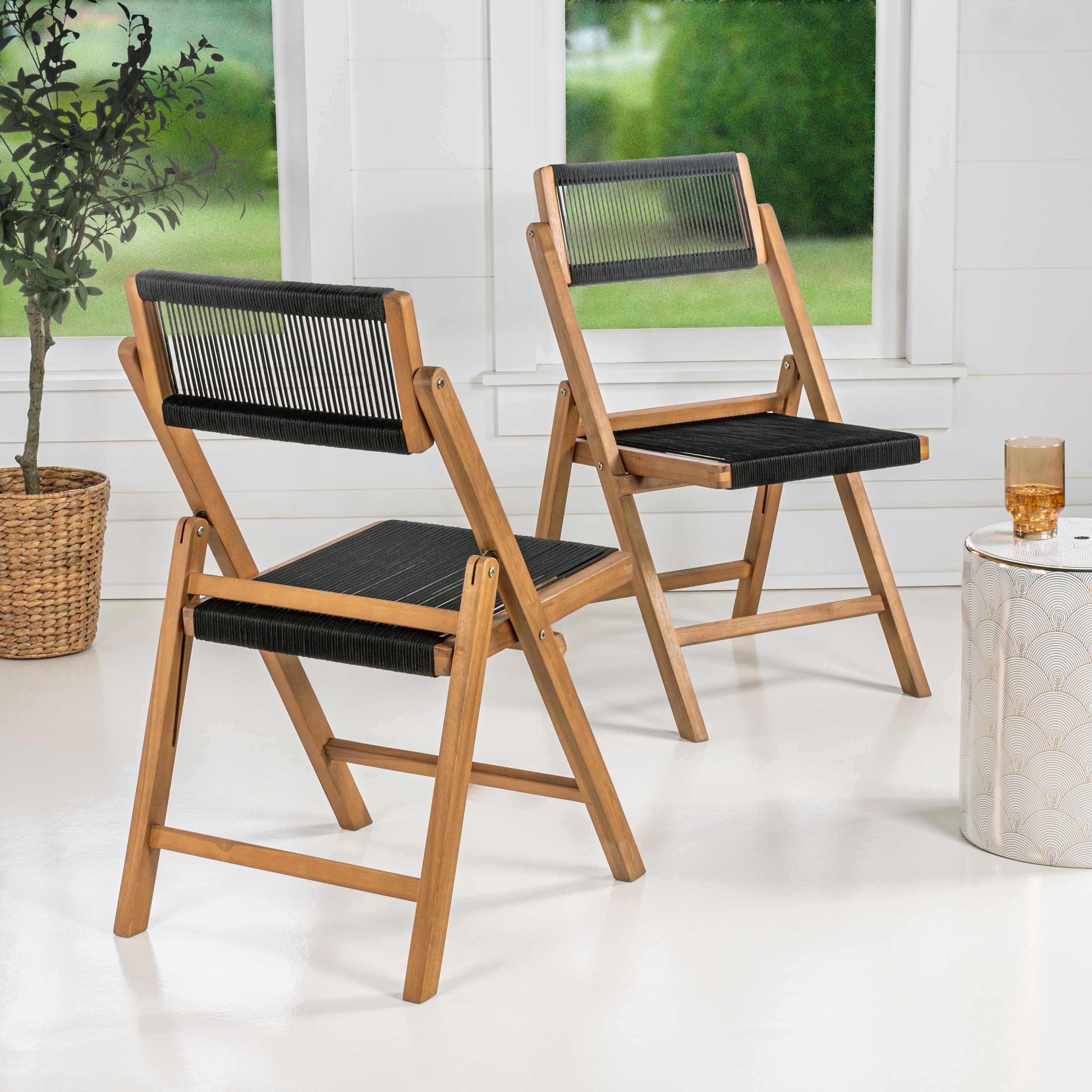 Olivier Bohemian Teak Wood and Woven Rope Armless Folding Chairs, Set of 2, Indoor Seating for Dining or Living Room