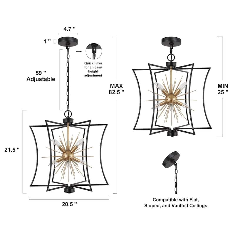 Modern Industrial Black Gold 20.5" D Chandelier Sputnik Starburst Pendant Light for Dining Room