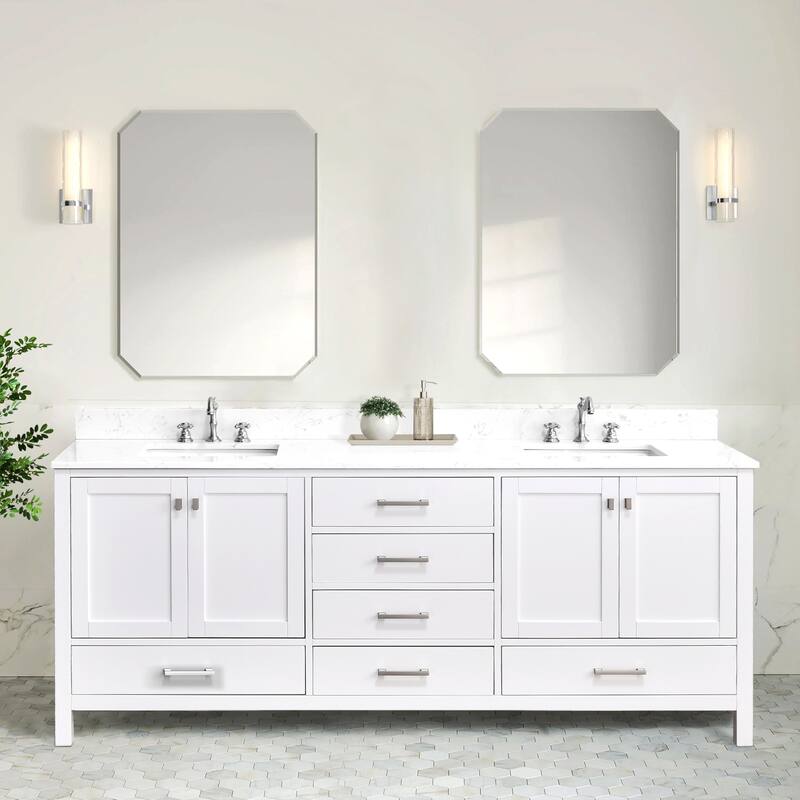 OpalithD 84 in. Bathroom Vanity with Double Sinks, Wood Bath Cabinet with Top - Soft White