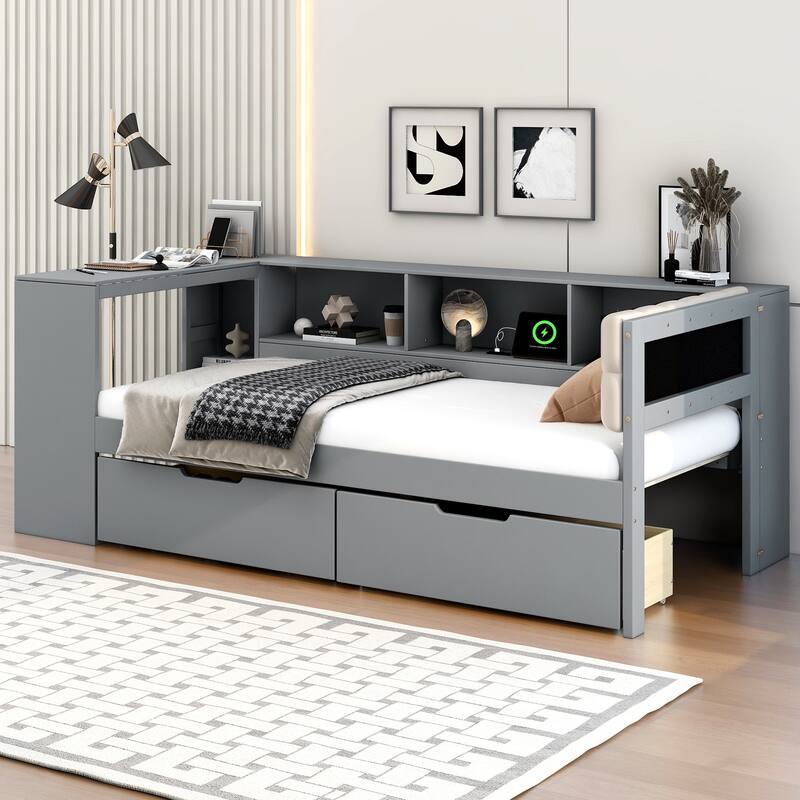 GDFStudio - Wood Platform Bed with Upholstered Headboard, Storage, Drawers & Charging Station