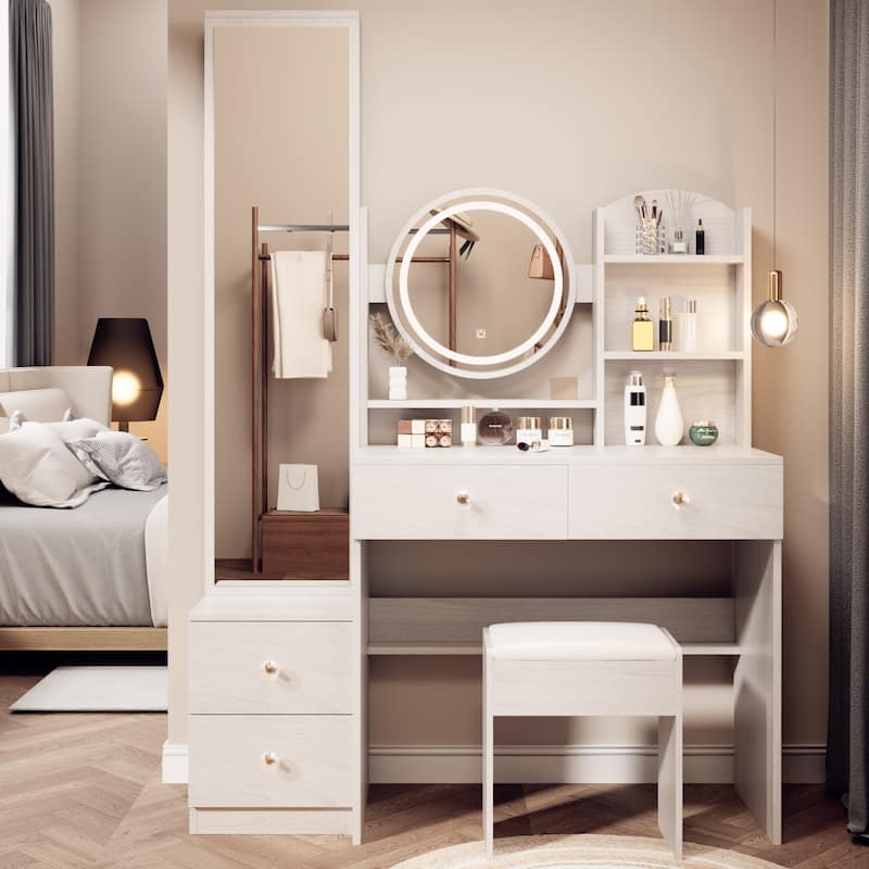 Adjustable LED Makeup Vanity with Round Mirror and Cushioned Stool