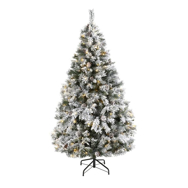 6ft. Flocked Pine Artificial Christmas Tree with Pinecones & 250 Clear LED Lights - Snow-Kissed Seasonal Holiday X-Mas Tree