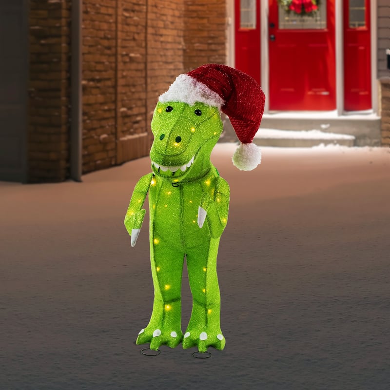 30" LED Lighted Tinsel Santa T-Rex Dinosaur Outdoor Christmas Decoration