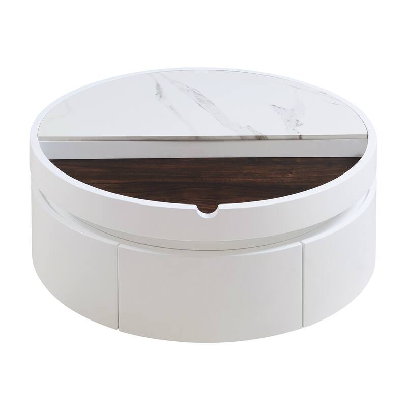 Small Lift-Top Round Coffee Table, Dual-Tone Table with Faux Marble & Wood Grain Top, Compact Center Table with Hidden Storage