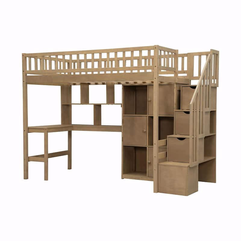 Wooden Twin Loft Bed with Built-in Desk, LED Lights, Storage Shelves, Cabinets & Staircase