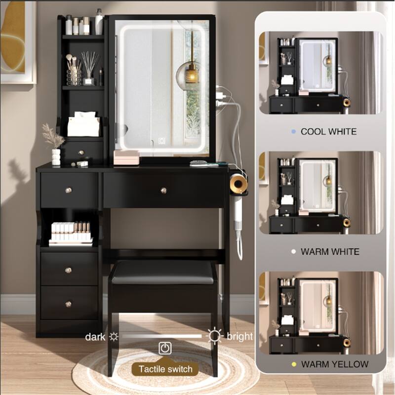 Left Drawer Desktop Vanity Table, Cushioned Stool, 2 AC + 2 USB Socket