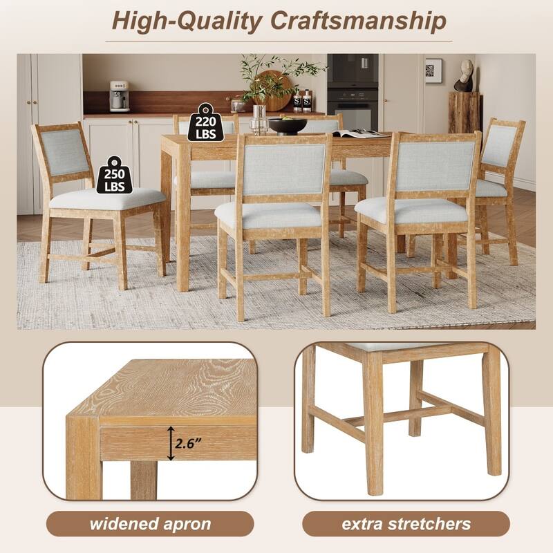 7-Piece Retro Dining Table Set with 1 Rectangular Wood Dining Table and 6 Upholstered Chairs