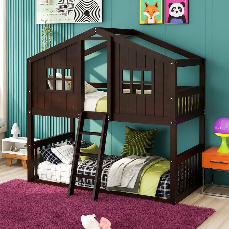 Twin-Over-Twin Wooden Bunk Bed with Storybook House Frame by Harper&Bright Designs - Espresso