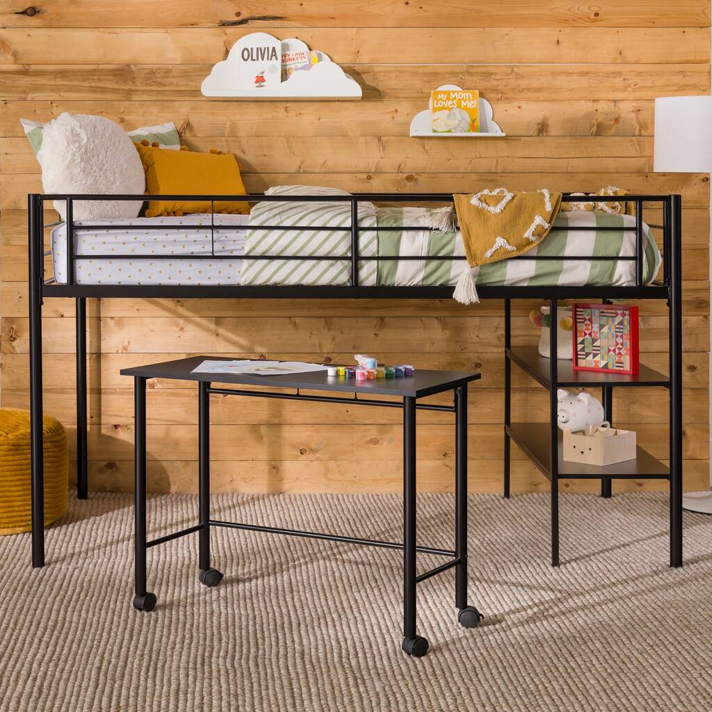 Walker Edison Abner Black Twin Low Loft Bed with Desk and Shelves