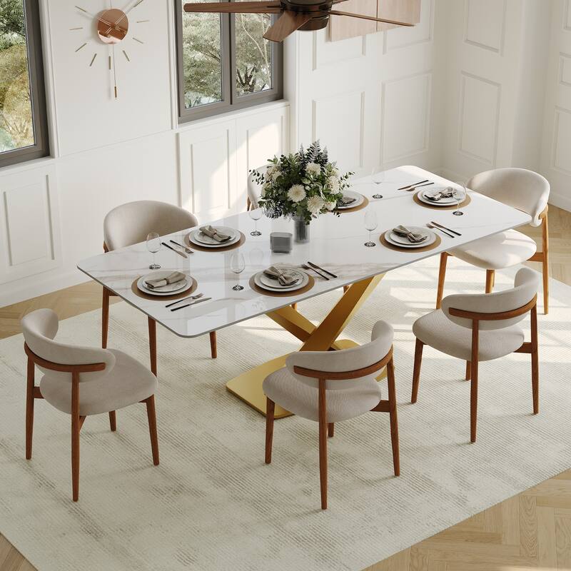Modern Rectangular Dining table with Glossy Sintered Stone Table top, White Kitchen Table with Stainless Steel Legs - 71" - Gold Legs
