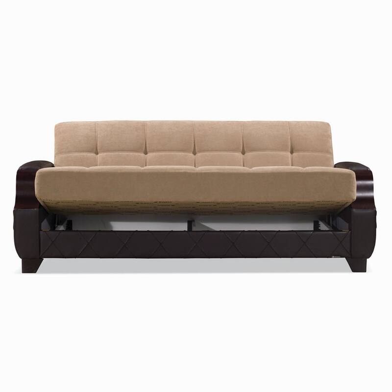 HomeRoots 89" Brown Microfiber And Faux Leather Convertible Futon Sleeper Sofa And Toss Pillows With Storage