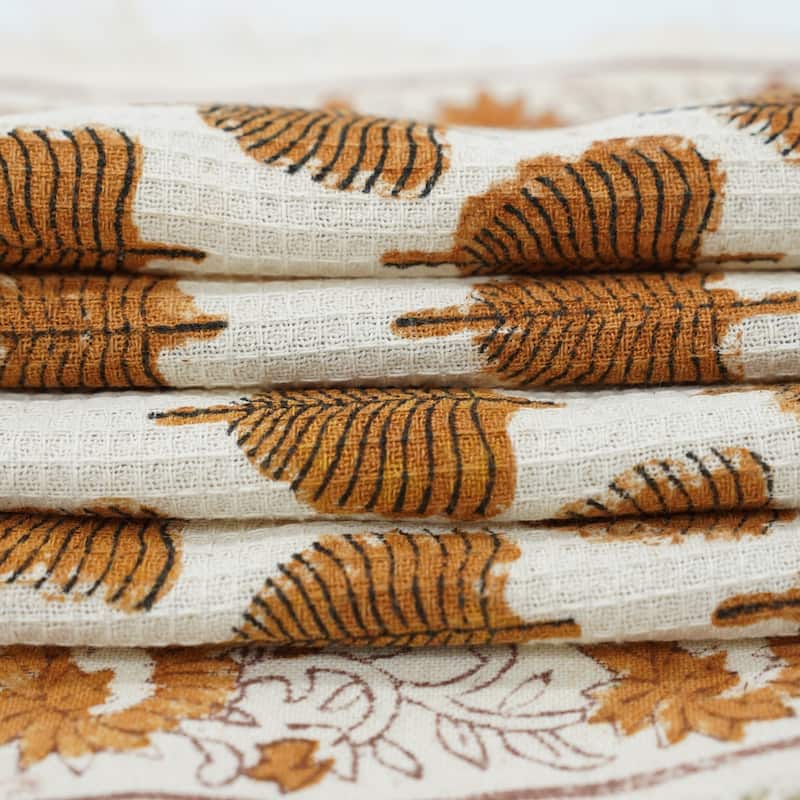 Fabdivine Honeycomb or Waffle Weave Hand Block Floral Print Hand Towel, Kitchen Gift Use