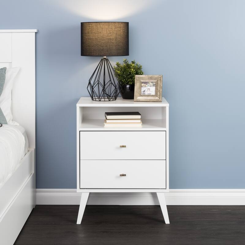 Prepac Milo Mid-Century Modern 2 Drawer Nightstand with Open Shelf, Bedside Table, Contemporary Bedroom Furniture - White