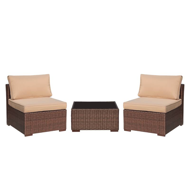3-Piece Patio Modular Sofa Wicker Armless Chairs with Coffee Table