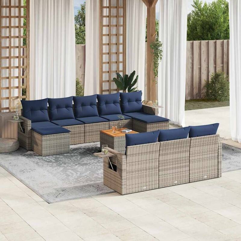 vidaXL 11 Piece Patio Sofa Set with Cushions Black Poly Rattan - 21.7" x 24.4" x 27.2" - Grey and blue