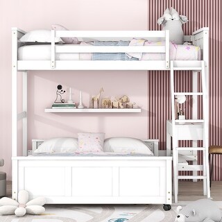 Twin Loft Bed, Full Platform Bed with Wheels, Twin Over Full Bunk Bed with Writing Desk, Ladder, Guardrail and 2 Drawers