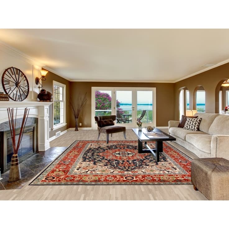 Hand Knotted Oriental 100% Wool Carpet Traditional All-Over Navy Blue & Blues Heriz (serapi) Area Rug - 12' 0'' X 9' 1''