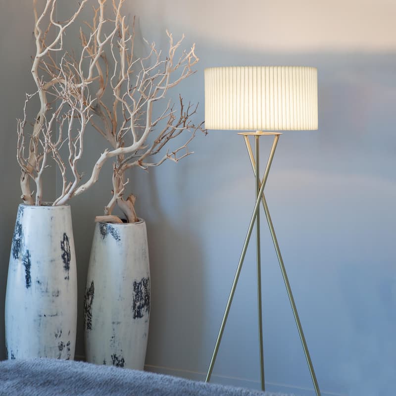 Brightech Jaxon 60 in. Antique Brass Tripod Super Bright LED Midcentury Modern Floor Lamp with White Fabric Drum Shade