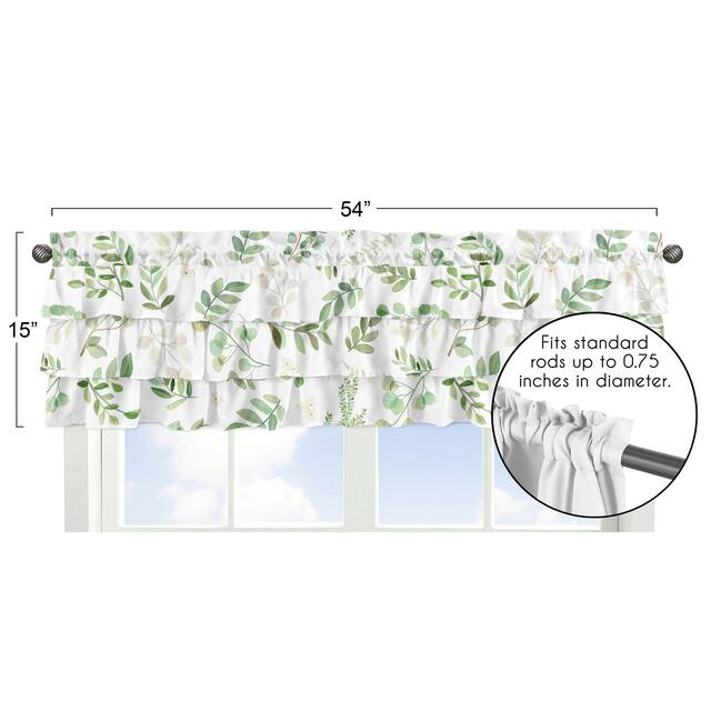 Floral Leaf Collection Window Curtain Valance - Green White Boho Watercolor Botanical Woodland Tropical Garden Tiered Ruffled