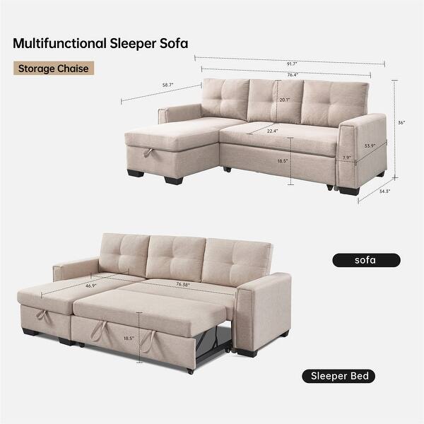 Pull Out Sleeper Bed L Shape Convertible Sectional Sofa Storage Chaise ...