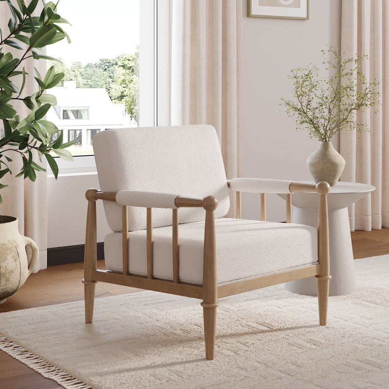 Spencer Boucle Accent Chair, Bohemian Armchair with Solid Wood Frame and Upholstered Foam Cushion - Single - Cream/Light Brown
