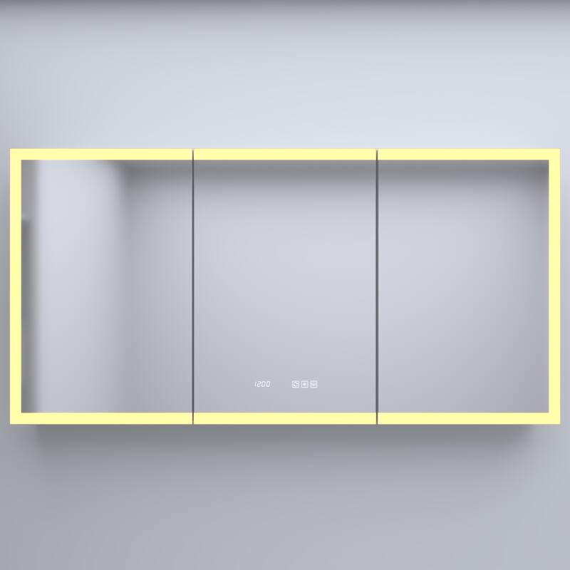 GDFStudio - Delmar Modern Aluminum LED Lighted Medicine Cabinet with Mirror Anti Fog and Digital Clock