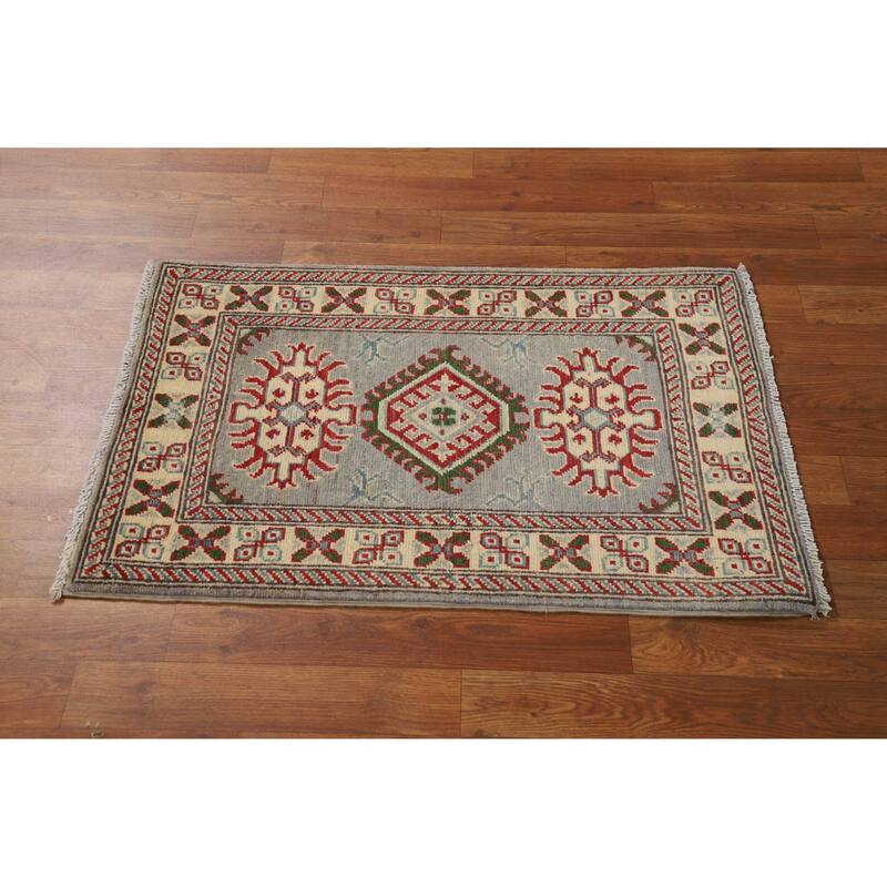 Gray Geometric Kazak Accent Foyer Rug Hand-Knotted Wool Carpet - 2'0"x 3'0"