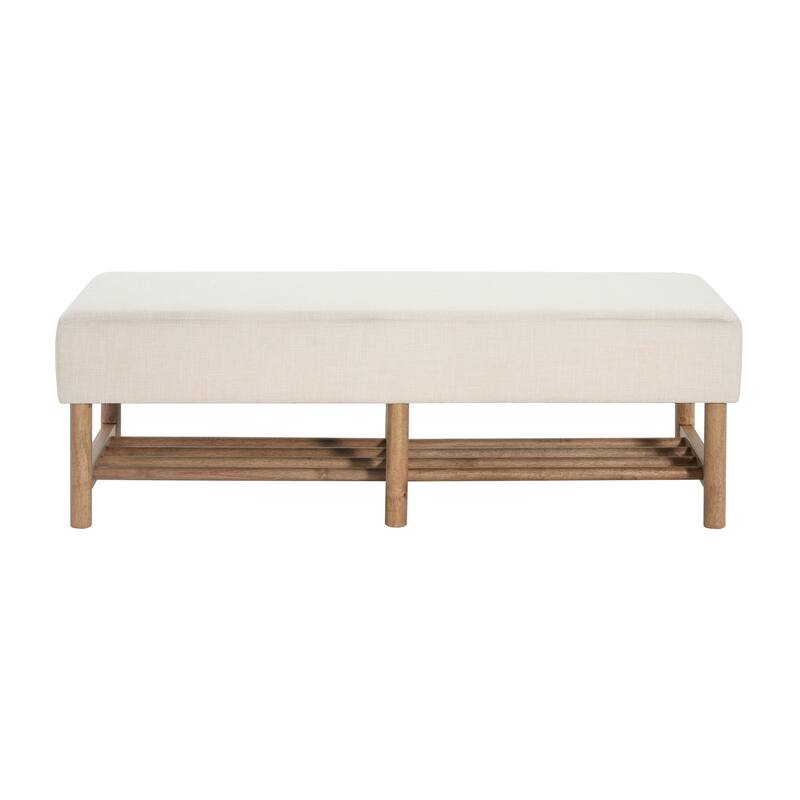 Roomfitters Rectangular Upholstered Ottoman Bench with Linen Fabric Seat and Solid Wood Legs, Beige