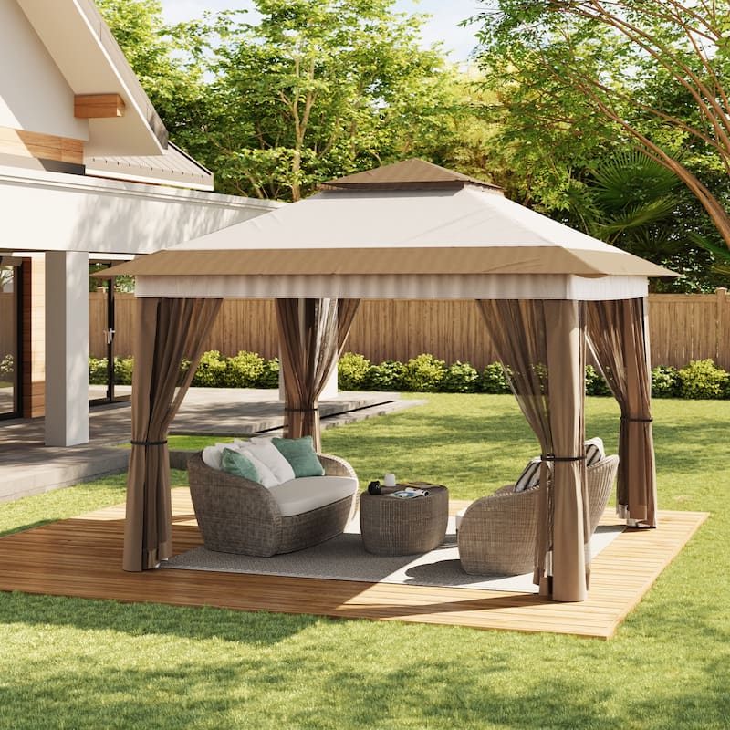 11 x 11 / 13 x 13 Pop Up Gazebo Tent with Mosquito Netting, Outdoor Canopy Tent - Beige - 11 x 11