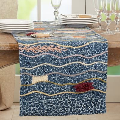 Block Print Table Runner With Multi-Color Embroidered Design
