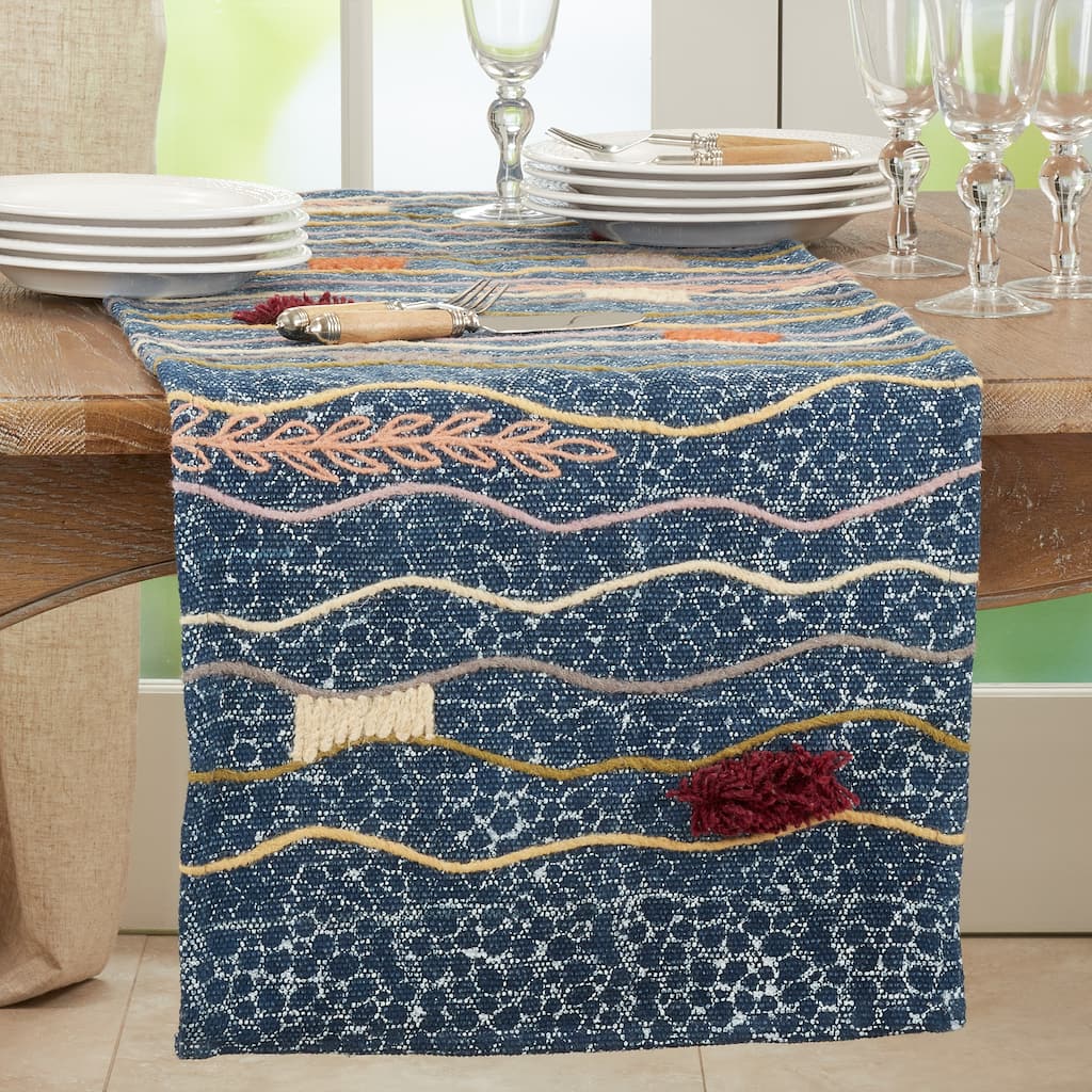 Block Print Table Runner With Multi-Color Embroidered Design
