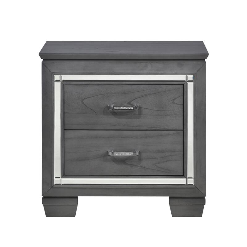 Glamorous Gray Nightstand, 2 Drawers, LED Lighting, Faux Crystals, Bar Pulls