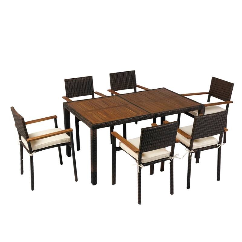 7 Pieces Outdoor Dining Set, Patio Conversation Set with 6 Chairs, Outdoor Table and Chairs Set with Cushion