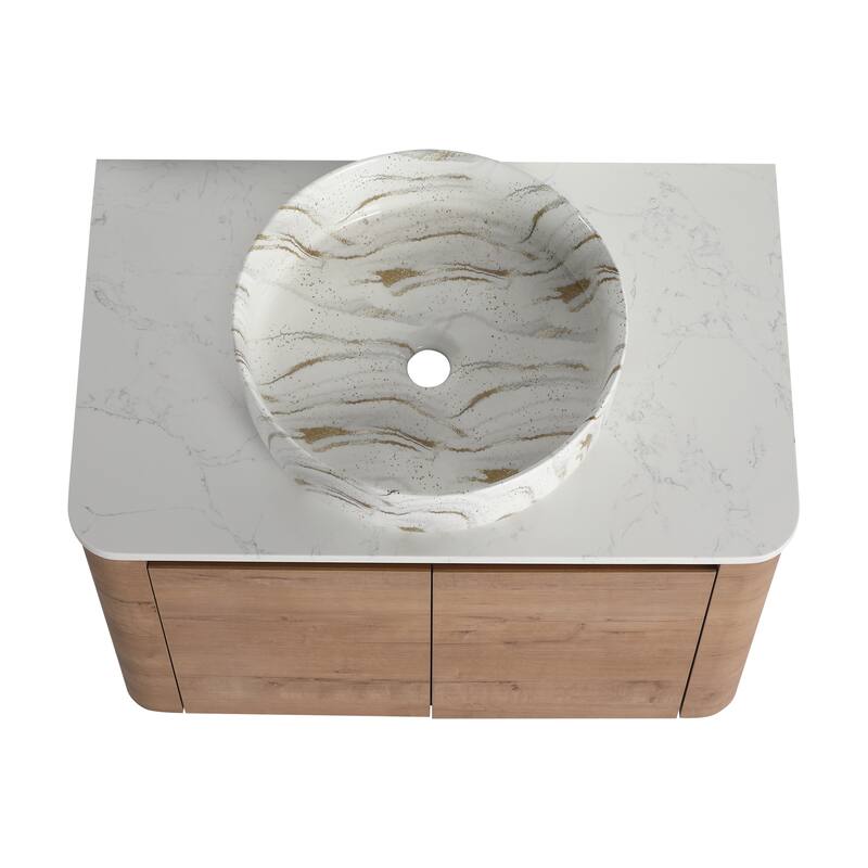 30'' Wall-Mounted Bathroom Vanity With Ceramic Art Sink & 2-Soft-Close Door, KD-Packing, Plywood