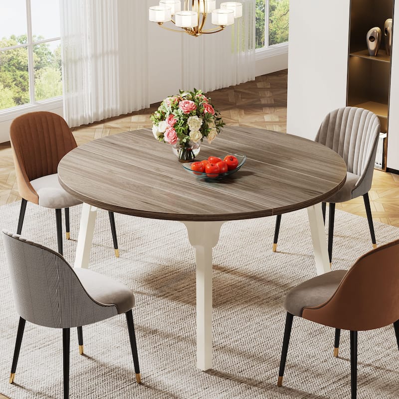47 Inch Round Dining Table for 4, Farmhouse Kitchen Table - Brown and White