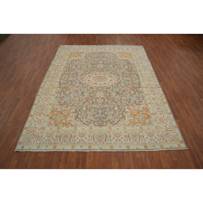 Hand Knotted Oriental 100% Wool Carpet Traditional Floral Greys & Charcoal Kerman Area Rug - 10' 10'' X 8' 1''