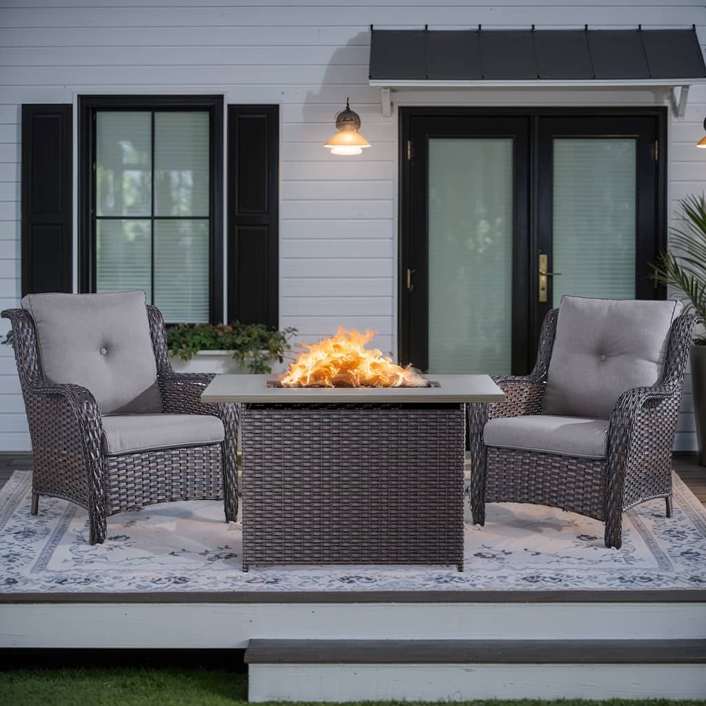 3 Pieces Outdoor Chair with Fire Pit Table - Brown