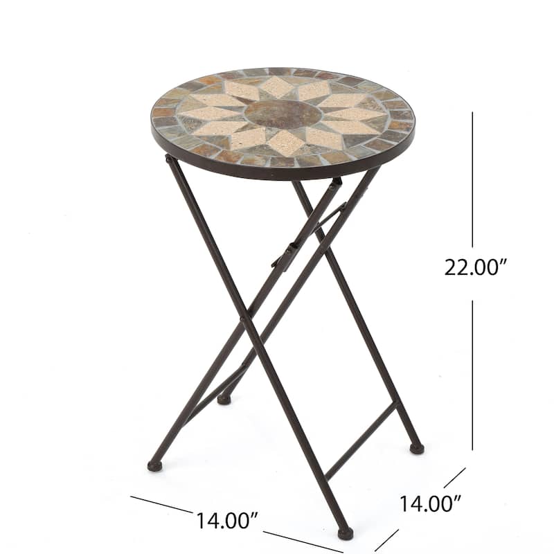 Roomfitters End Table, Round Mosaic Outdoor Side Table with Folding Metal Frame for Patio or Garden, Beige+Black