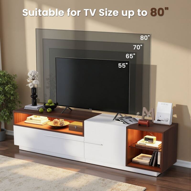 Meyreso 70.8" Modern High Gloss White & Walnut TV Stand with LED Lighting and Open Storage - 70 inches