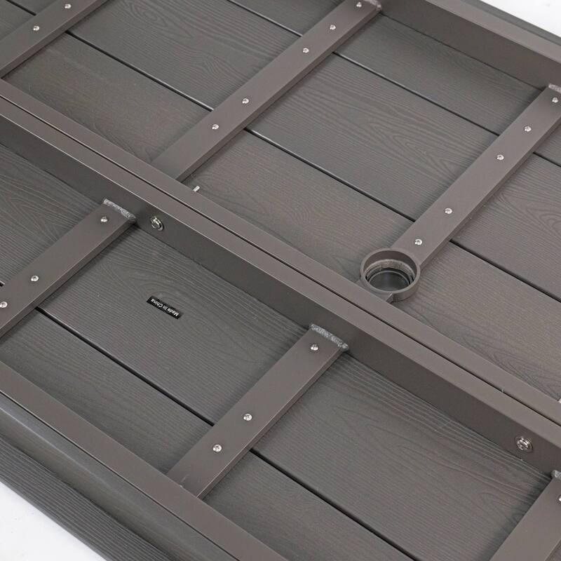 Wood Look Dining Table with Umbrella Hole Stainless Steel Legs Outdoor Picnic