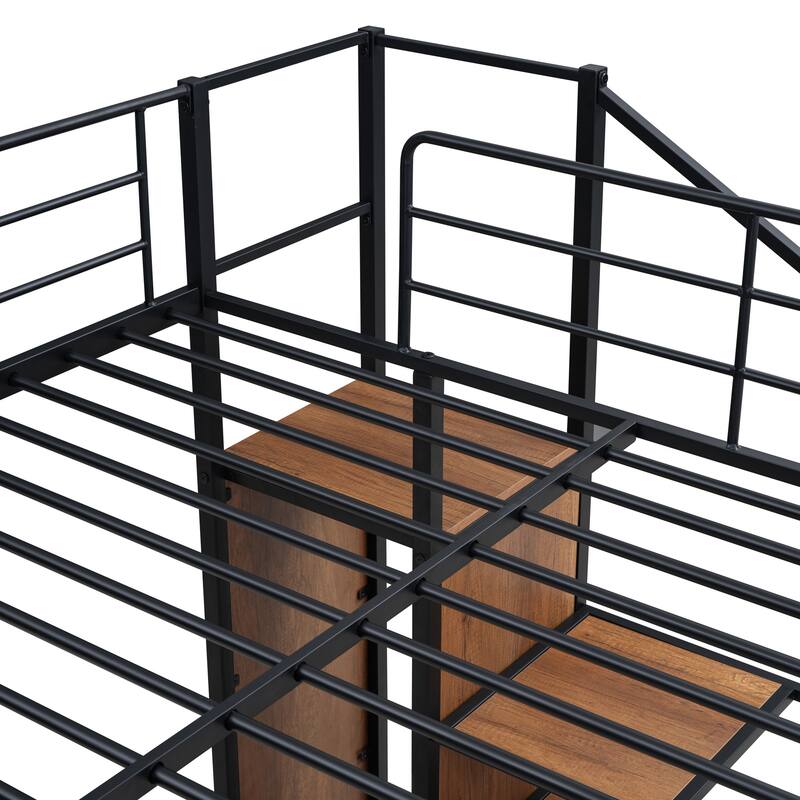 Full Over Full Metal Bunk Bed with Storage Ladder and Wardrobe, Black