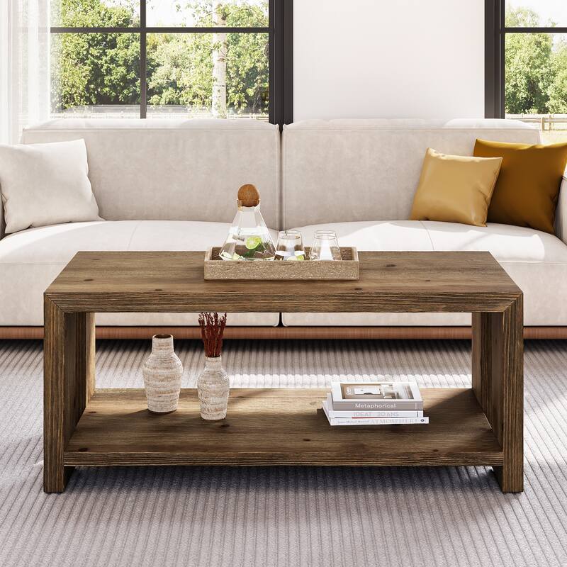 47.24" Solid Wood Coffee Table with 2-tier Storage