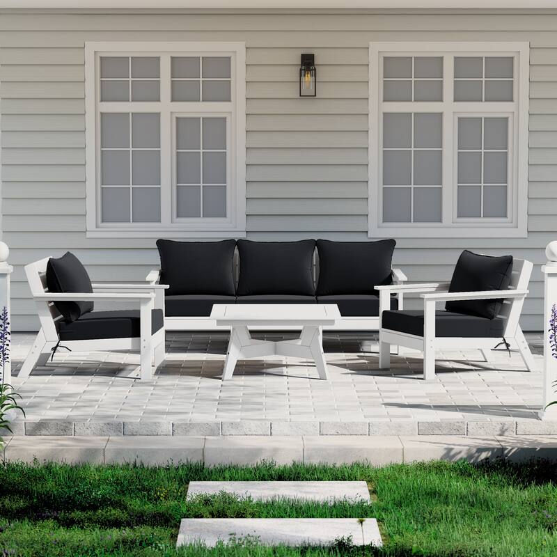 Birchwood All Weather HDPE Outdoor Patio White Deep Seating Conversation Set (6-Piece Set) - White/Black
